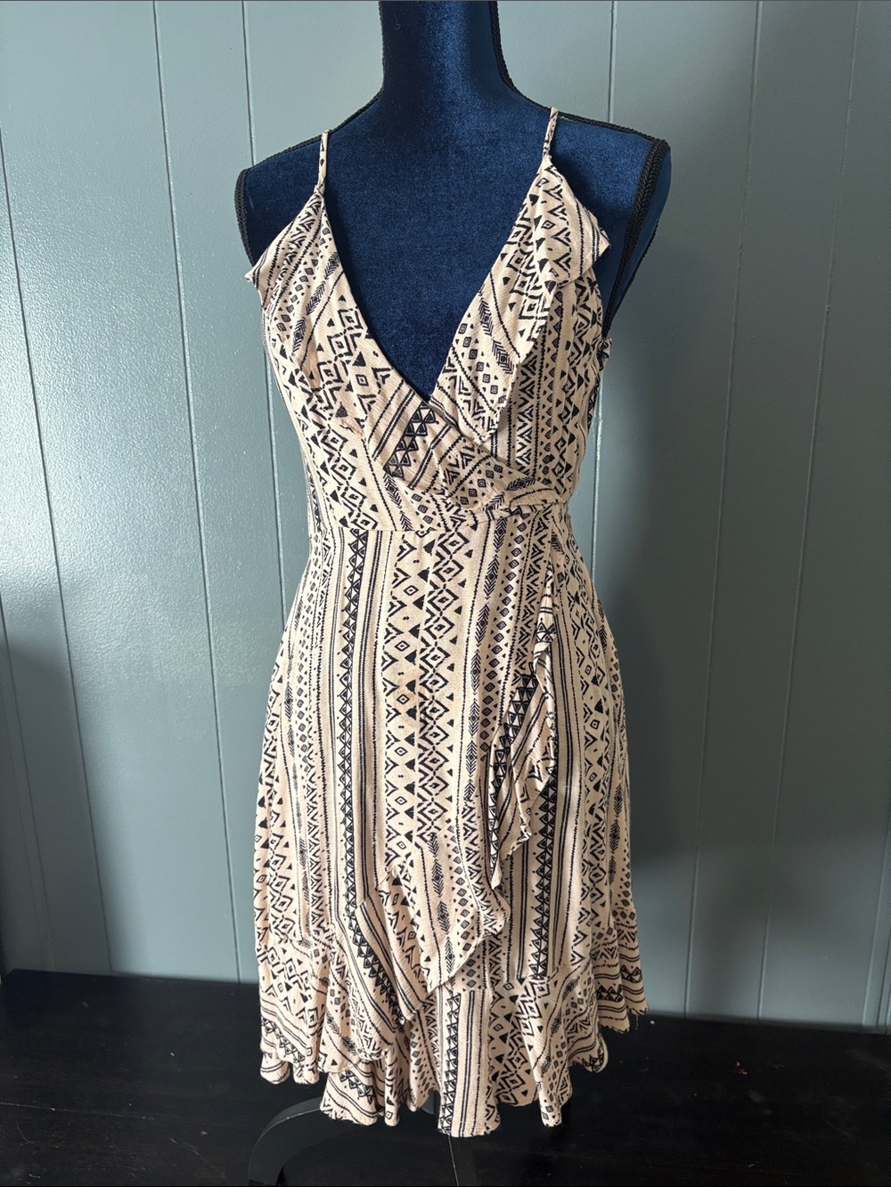 Lira Cream & Black Printed Ruffle Wrap Mini Dress